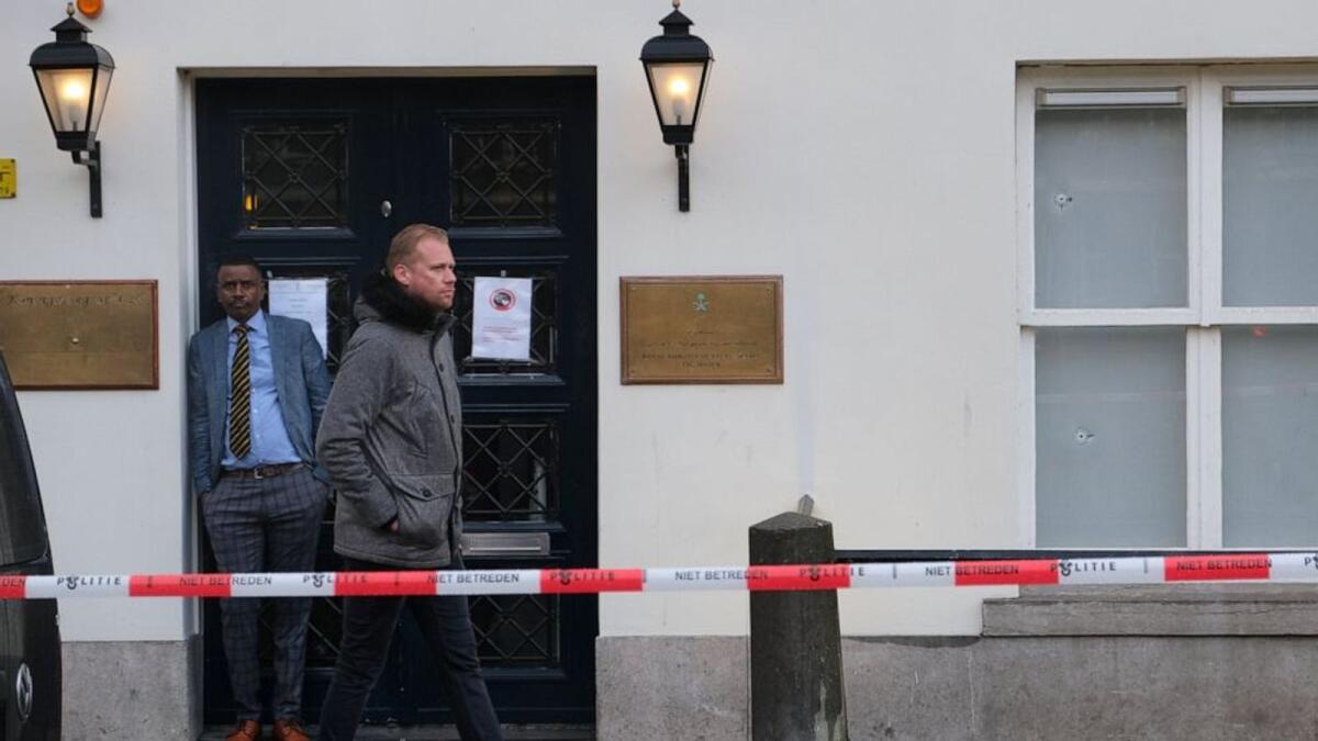 Bullet impacts are seen in the windows of Saudi Arabia's embassy in The Hague, Netherlands, Thursday, Nov. 12, 2020, after several shot were fired at the building early in the morning.