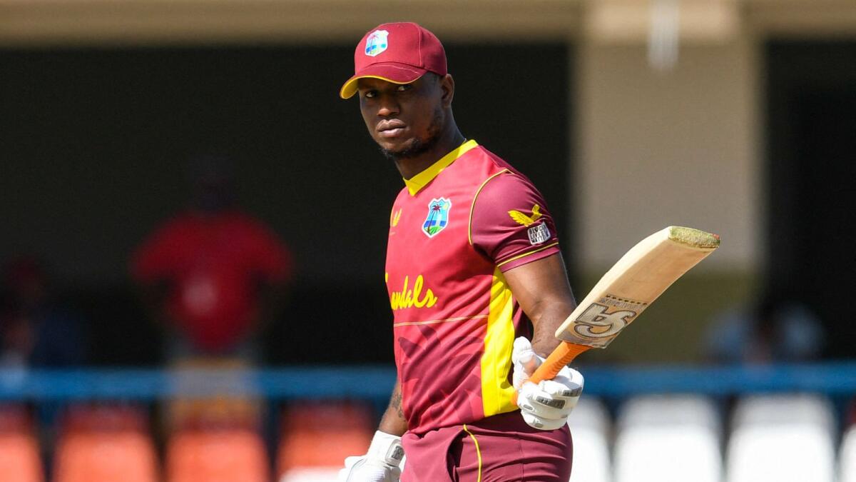 Evin Lewis of West Indies celebrates his century during the 2nd ODI match against Sri Lanka. — AFP