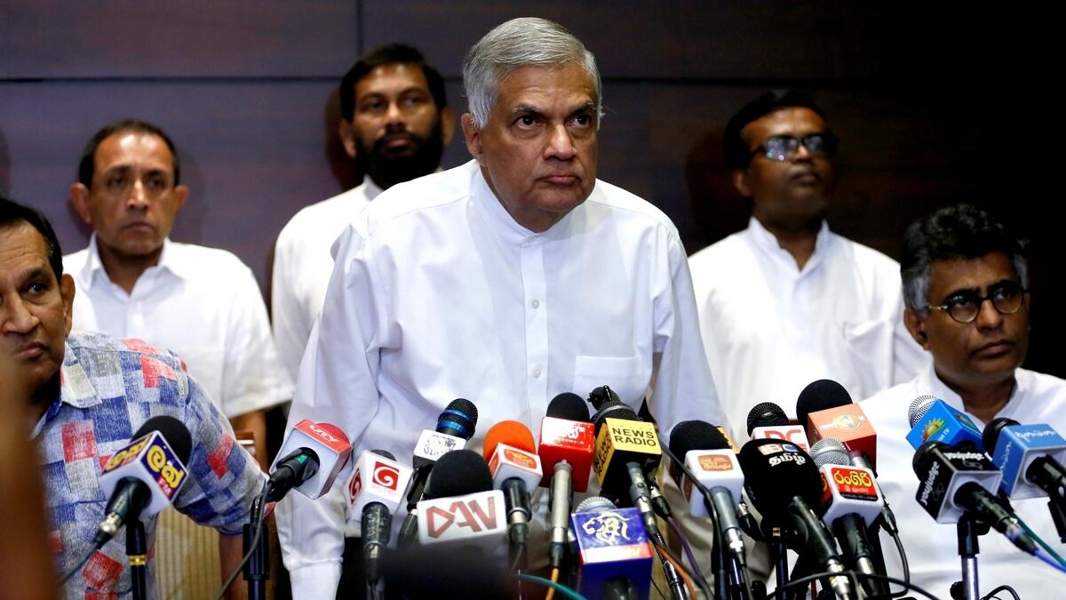 Ranil Wickremesinghe at a news conference in Colombo.