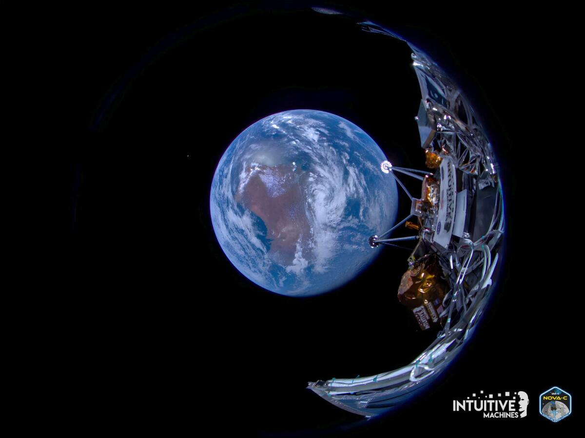 This image provided by Intuitive Machines shows its Odysseus lunar lander with the Earth in the background on February 16, 2024. The image was captured shortly after separation from SpaceX's second stage on Intuitive Machines' first journey to the moon.  — AP