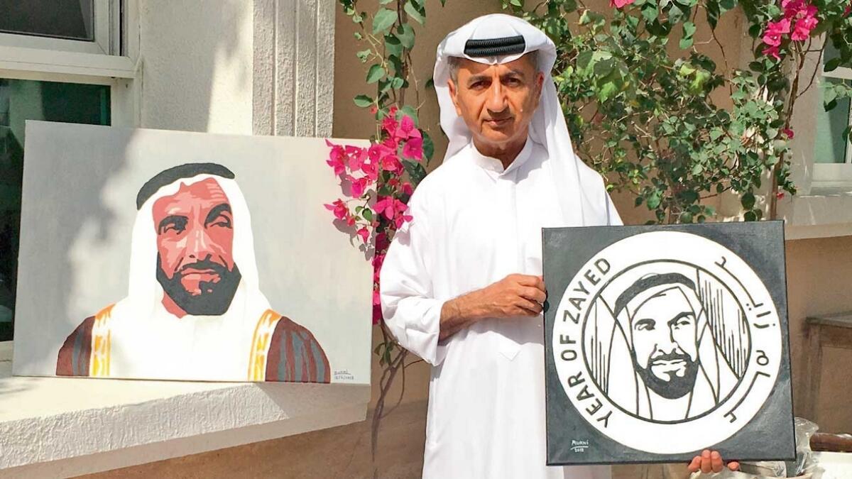 Ahmed Rukni with his portrait of the late Sheikh Zayed bin Sultan Al Nahyan. — Supplied photo