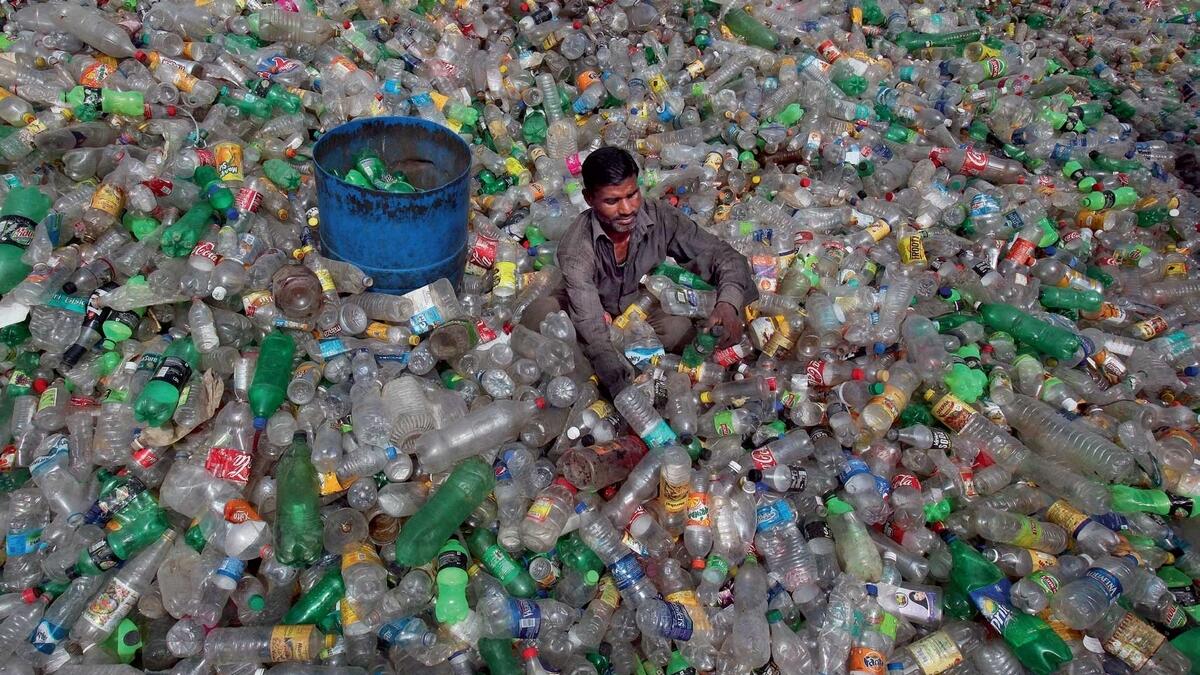 A man sorts bottles at a plastic junkyard on World Environment Day, in Chandigarh, India. 