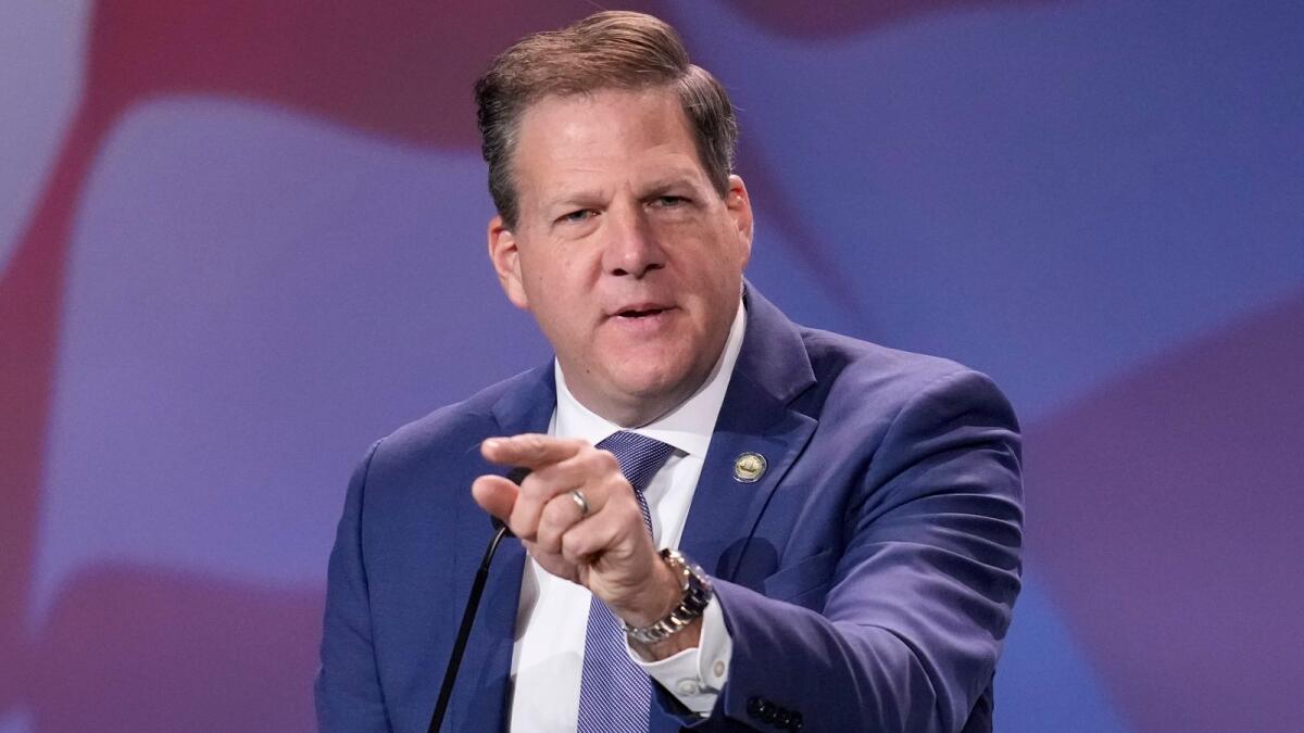 New Hampshire Governor Chris Sununu speaks at an annual leadership meeting of the Republican Jewish Coalition on Saturday in Las Vegas. — AP