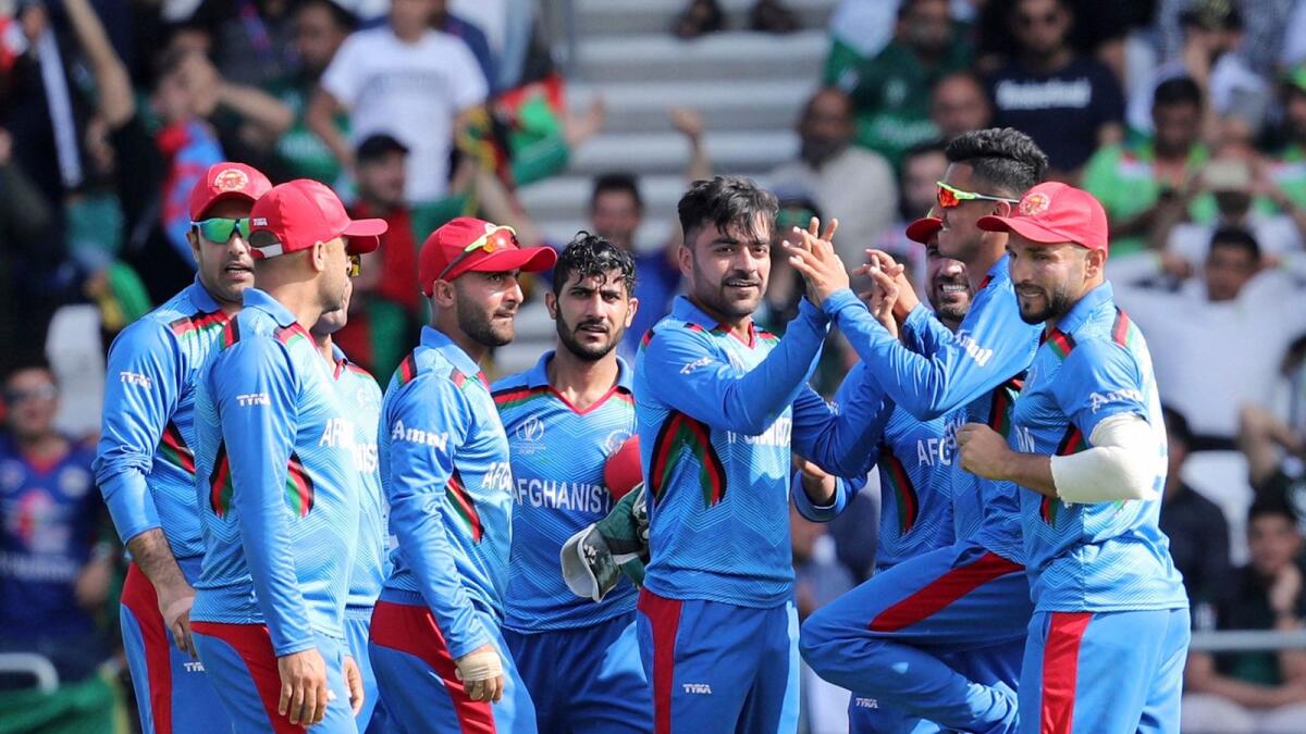 Afghanistan players celebrate a wicket against Pakistan during the 2019 World Cup. (AP)