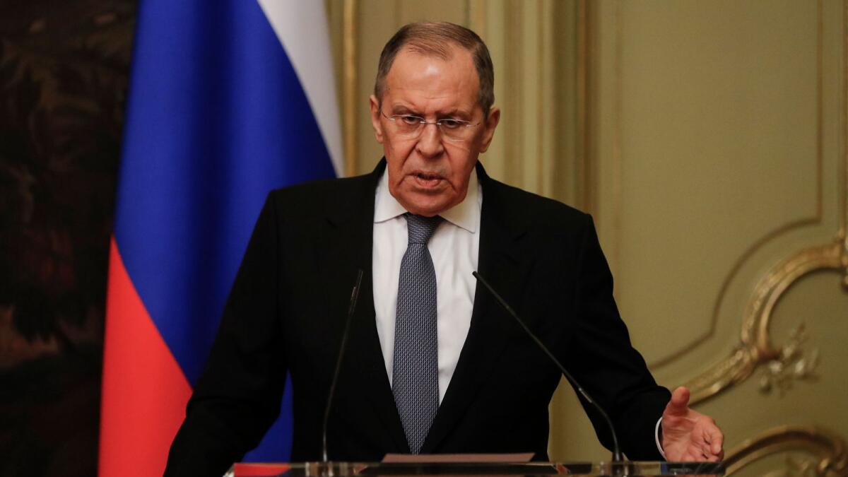 Russian Foreign Minister Sergei Lavrov attends a joint press conference with his Kyrgyz counterpart following their talks in Moscow on March 5, 2022. Photo: AFP