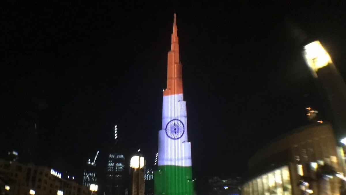 Indian national flag is displayed on Dubai's Burj Khalifa to mark the country's 74th Independence day.-Photo by Rahul Gajjar/Khaleej Times