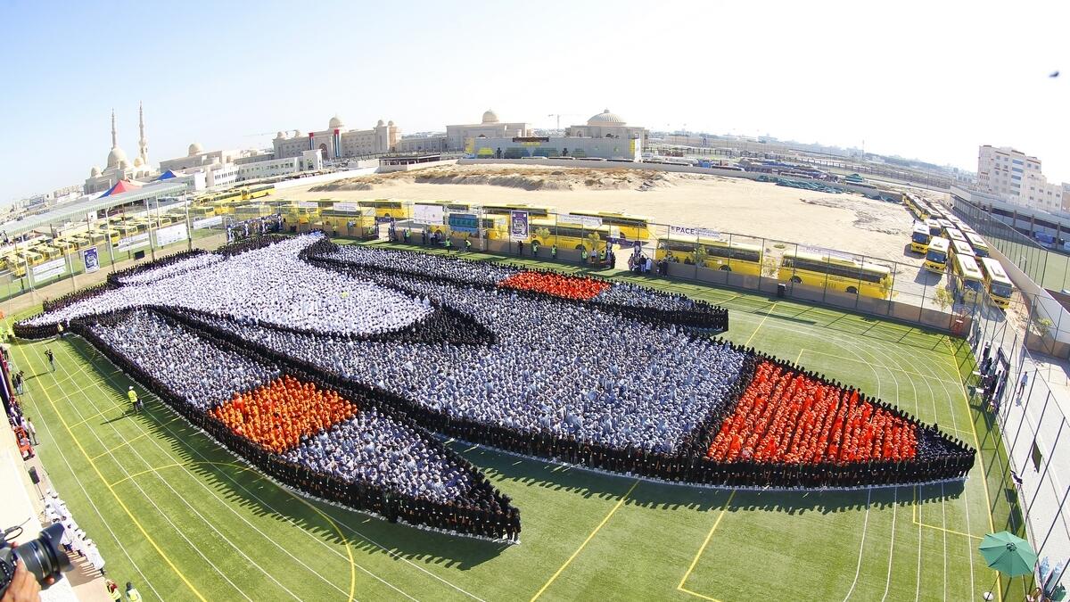 Guiness World Record attempt for largest Human Image of a rocket involving 11,400+ students from six different schools at Pace International School Sharjah on Thursday, November 28, 2019.- Photo by Juidin Bernarrd/Khaleej Times