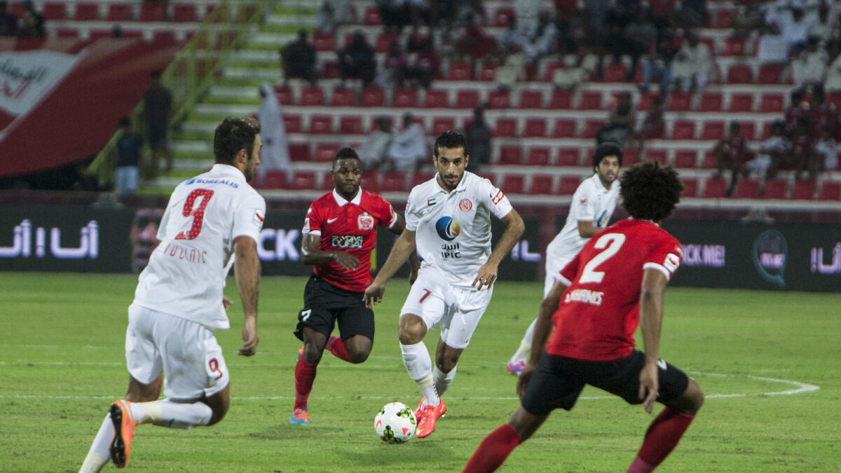 Ali Mabkhout of Al Jazira with the ball at the Al Ahli vs Al Jazira match at the Arabian Gulf League at Rashid Stadium Dubai on Saturday, 18 October 2014.  —KT FILE
