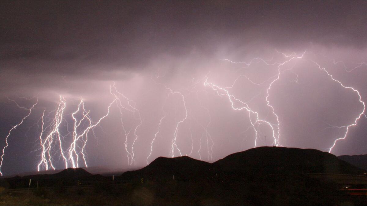 Mass lightning bolts light up night skies by Daggett airport from monsoon storms passing over the high deserts, north of Barstow, California. — Reuters file