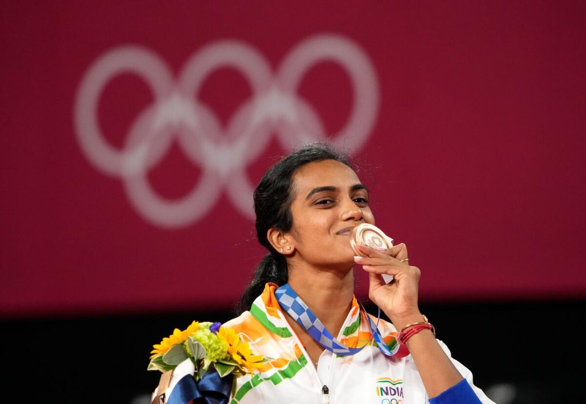 India's PV Sindhu celebrates with her bronze medal at the Tokyo Olympics on August 1, 2021. — AP file
