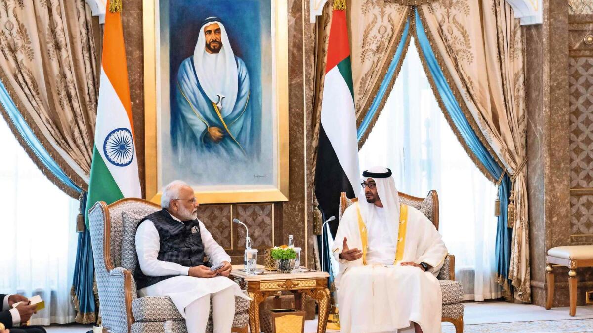 The President His Highness Sheikh Mohamed bin Zayed Al Nahyan with Prime Minister Modi on his last visit to the UAE