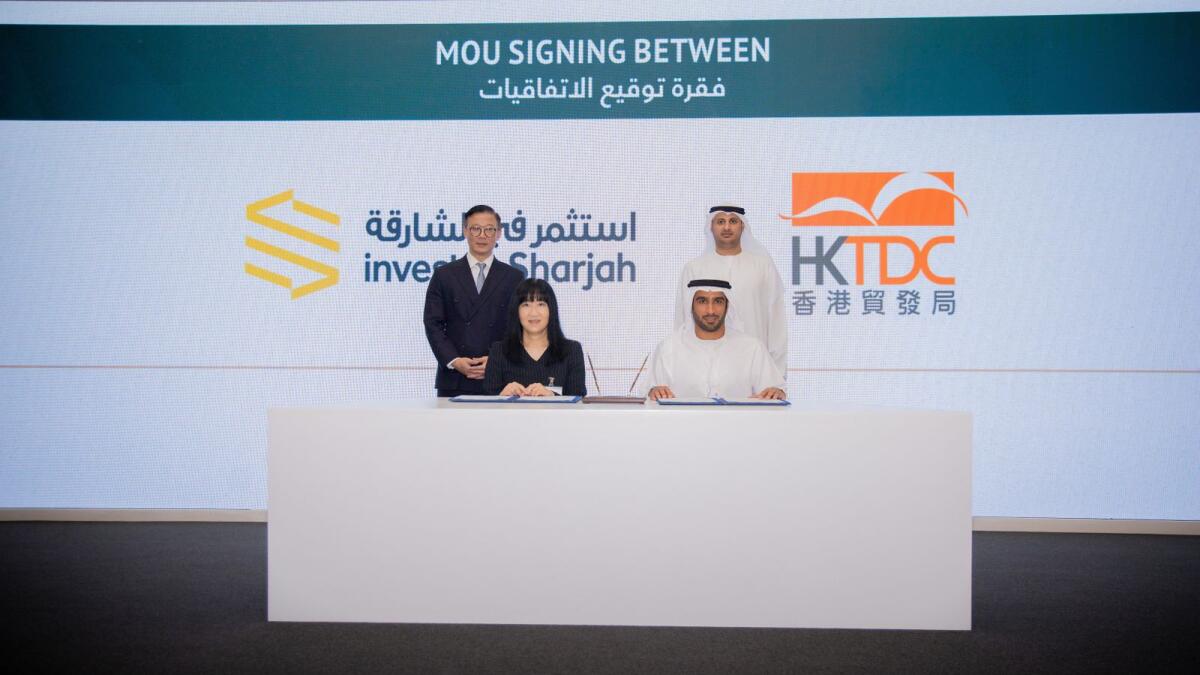 Mohamed Al Musharrakh, CEO of the Sharjah FDI Office (Invest in Sharjah), and Margaret Fong, executive director of Hong Kong Trade Development Council (HKTDC), signed the memorandum of understanding. — Supplied photo
