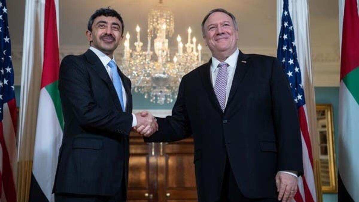 Sheikh Abdullah bin Zayed Al Nahyan, Minister of Foreign Affairs and International Cooperation, with US Secretary of State Mike Pompeo.