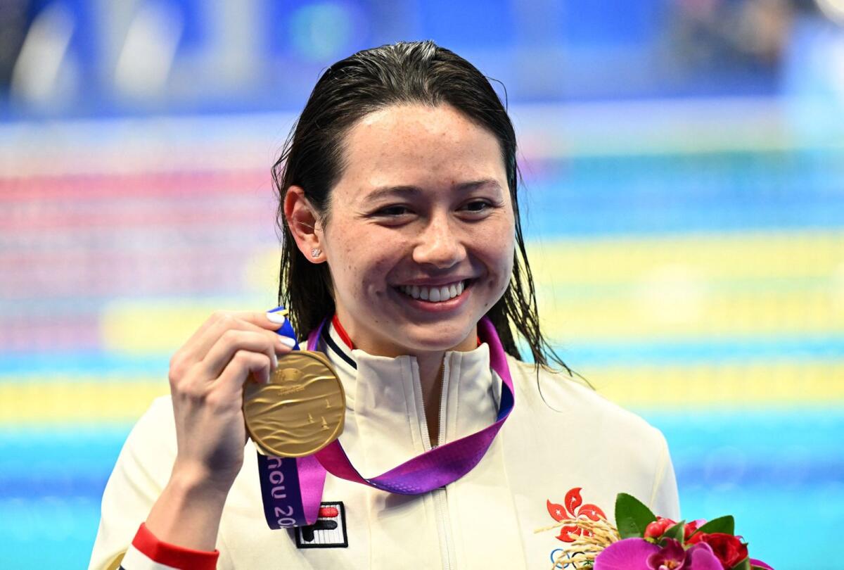 Gold medallist Haughey Siobhan Bernadette of Hong Kong celebrates her win. —  Reuters