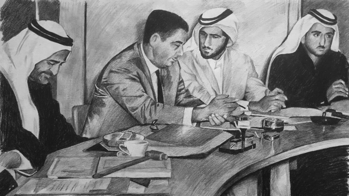 Sheikh Mohammed bin Rashid Al Maktoum, Vice-President and Prime Minister of the UAE and Ruler of Dubai speaking with Ahmed-Adi Al Bitar in 1969