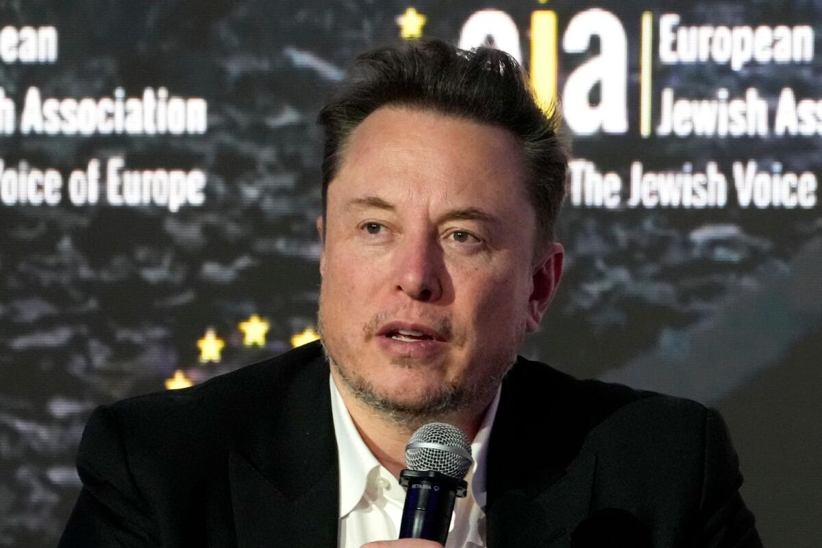 Elon Musk addresses the European Jewish Association's conference, in Krakow, Poland, Monday, Jan. 22, 2024. — AP