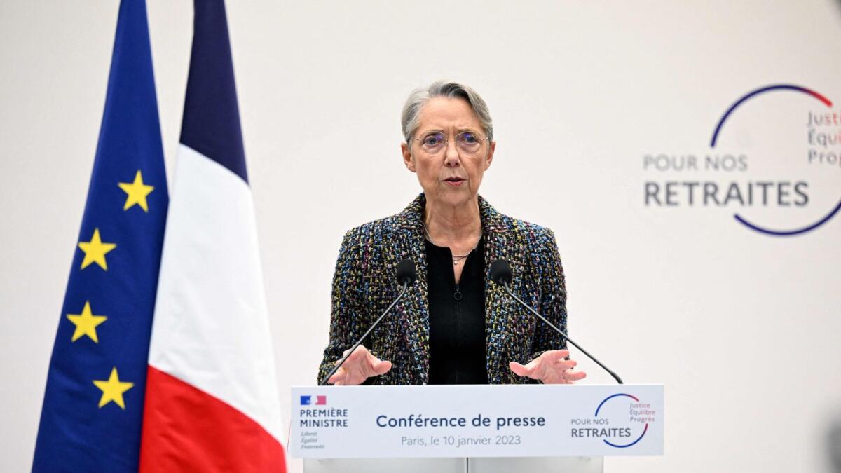 France's Prime Minister Elisabeth Borne attends a press conference to present the government's plan for a pension reform in Paris on Tuesday. — AFP