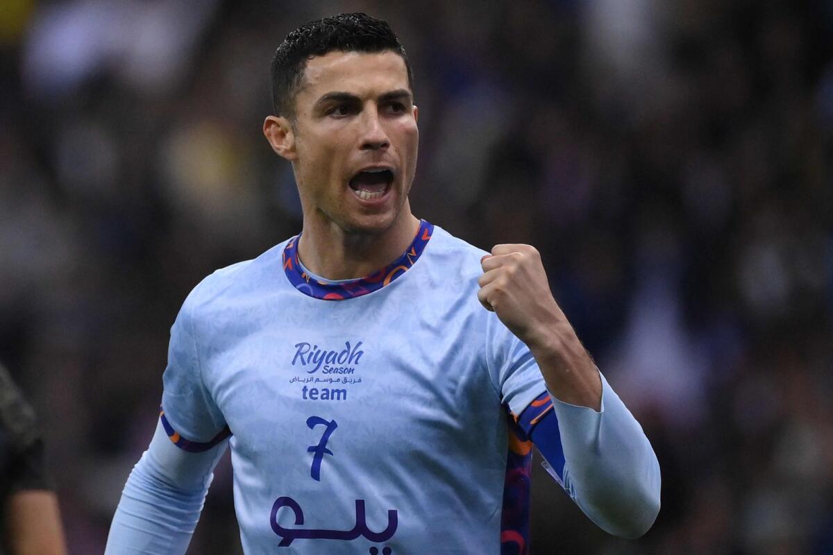 Riyadh All-Star's Portuguese forward Cristiano Ronaldo celebrates his team's third goal. — AFP