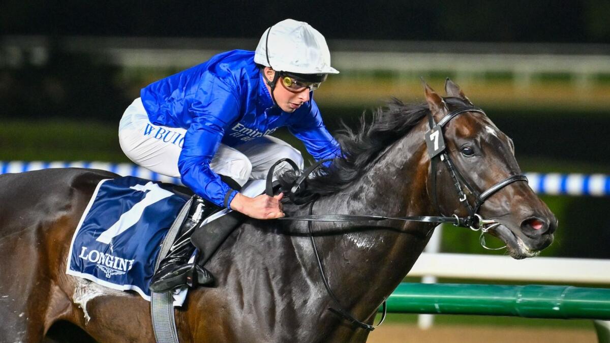 Measured Time, ridden by William Buick, wins the Jebel Hatta  (Group 1) Presented by Longines. KT Photo by M. Sajjad