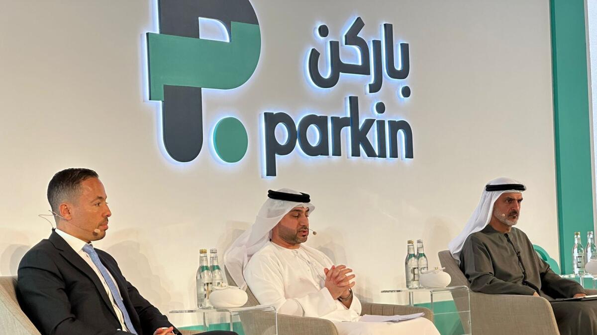 Left to right: Parkin CFO Khattab Abu Qaoud, Parkin CEO Mohammed Al Ali, Parkin chairman Ahmed Hashem Bahrozyan. KT Photo: Angel Tesorero