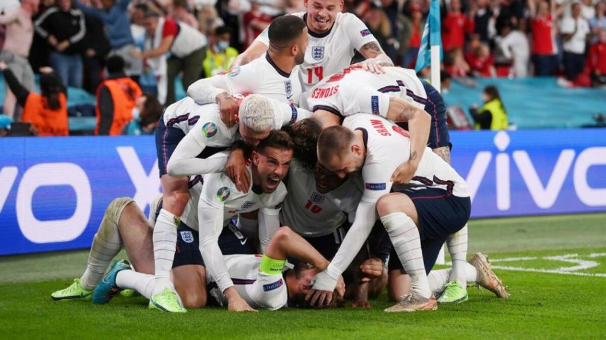 England players celebrate their second goal against Denmark in the semifinal. (Reuters)