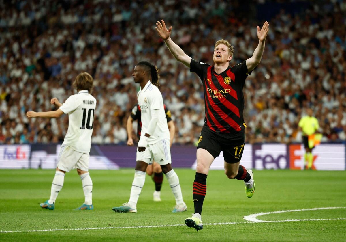 Manchester City's Kevin De Bruyne celebrates his goal against Real Madrid. — Reuters