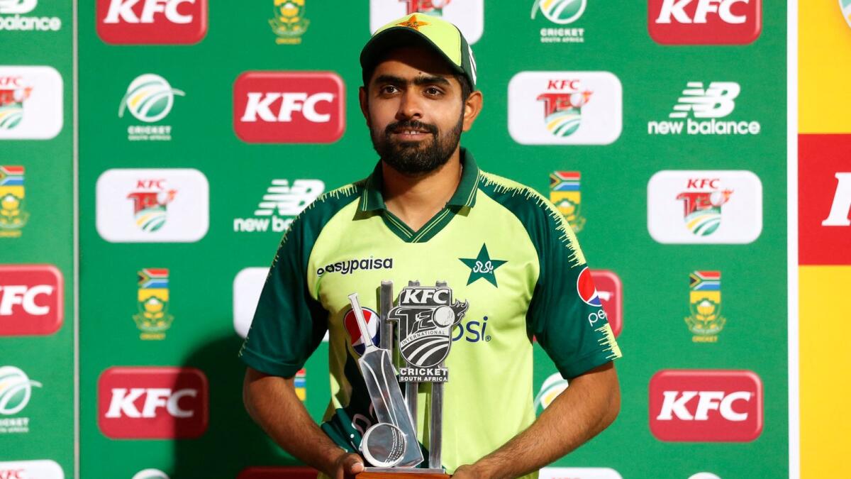 Pakistan captain Babar Azam poses with the man of the match trophy. (AFP)