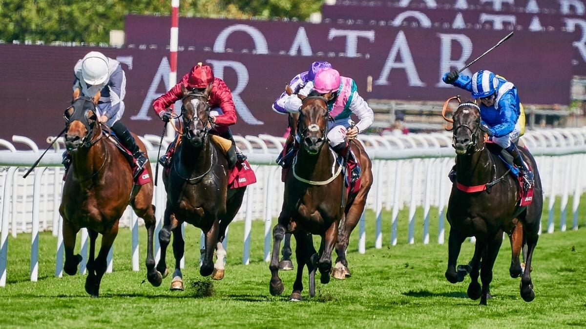 Jockey Jim Crowley guides Mohaather to victory in the Group 1 Sussex Stakes on Wednesday. - Twitter