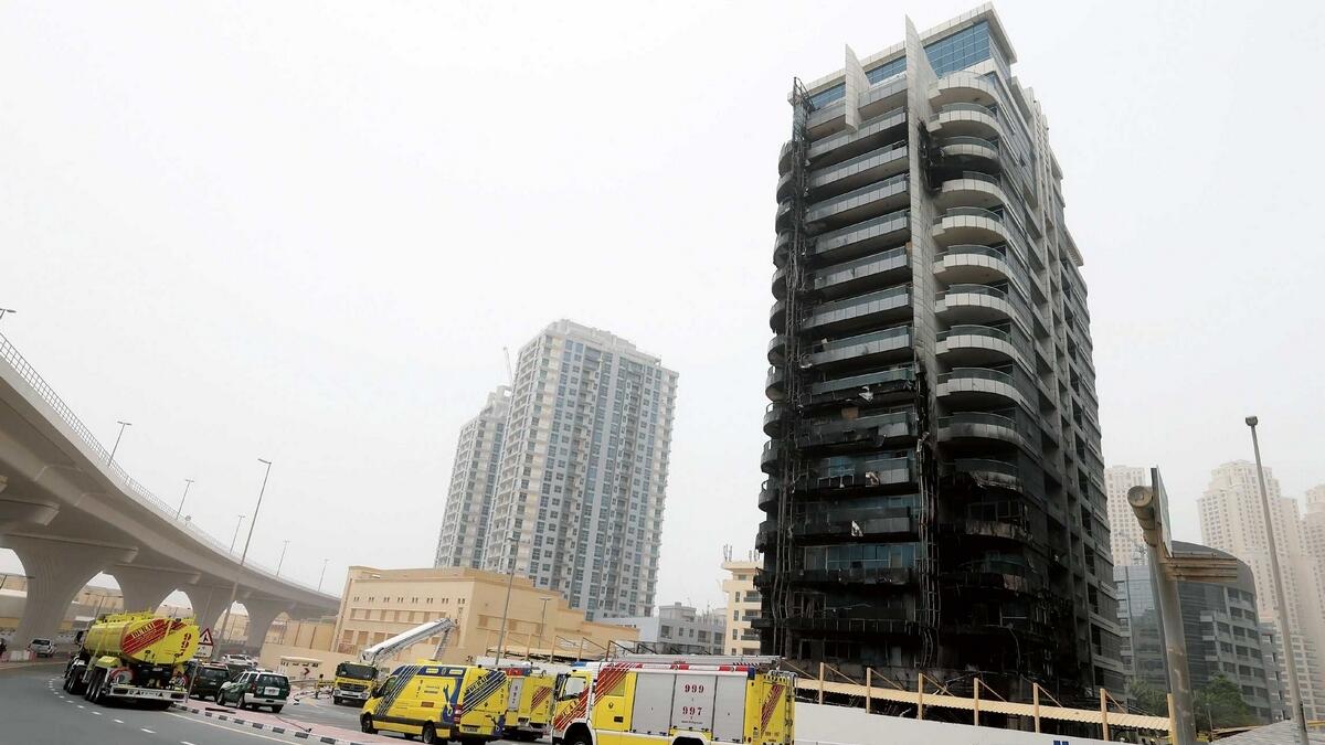 The affected zen Tower in dubai Marina, after the fire was quickly brought under control on sunday morning. — Photos by Dhes Handumon