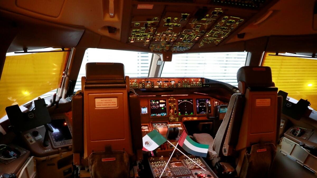 The cockpit of the Emirates flight after it touched down in Mexico.