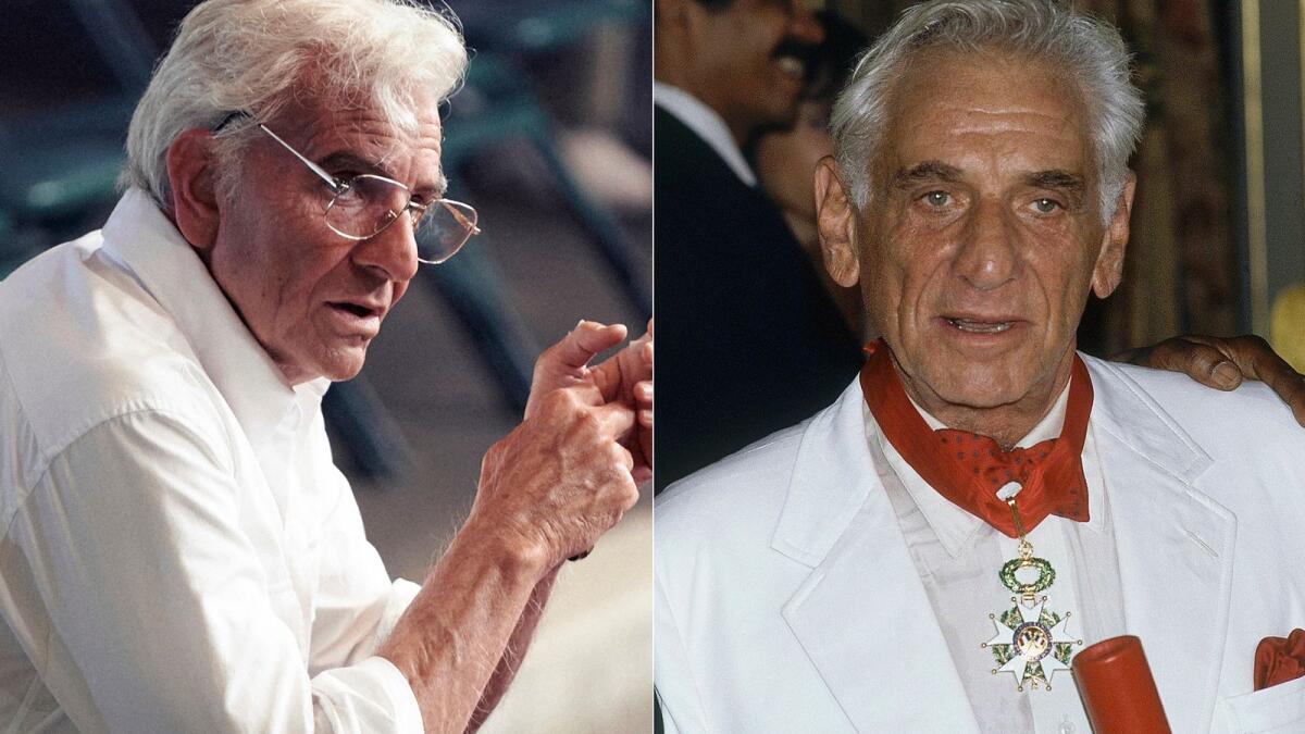 Bradley Cooper as Leonard Bernstein in a scene from the upcoming film 'Maestro,' left, and American conductor Leonard Bernstein after receiving his Legion of Honor medal at the Elysee in France in 1986