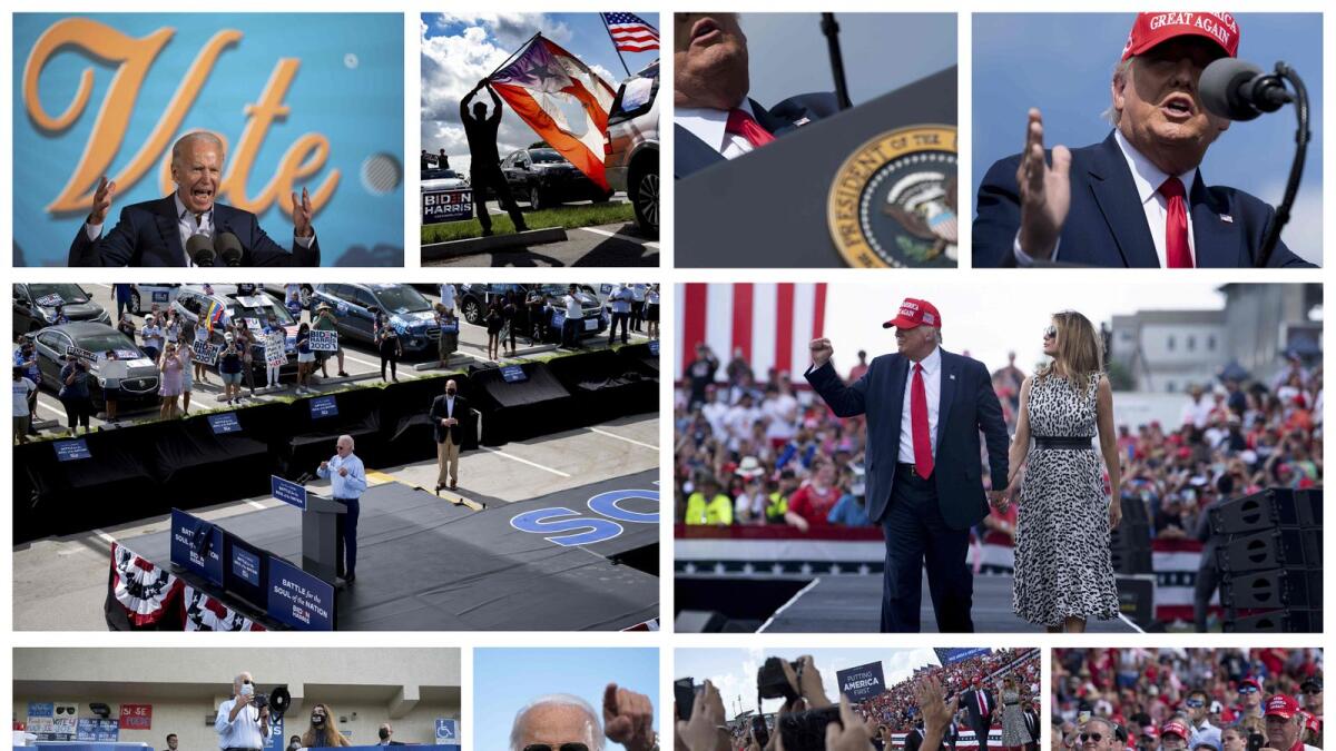 This combination of pictures shows Joe Biden and Donald Trump during competing campaign events. AFP