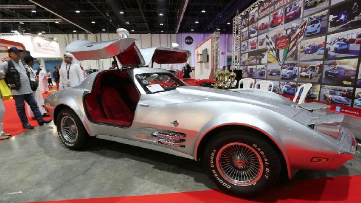 Customize vintage and new model car display at the Abu Dhabi International Motor Show held at ADNEC Exhibition Center, March 31, 2016. Photo By Ryan Lim