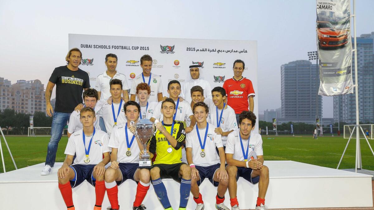 Dubai, U.A.E., March 7, 2015 --Dubai Schools Football Cup, Dubai Sports City.-- First Place, Boys U16, Lycee Francais International Georges Pompidou Dubai School.  Victor Besa for The National.