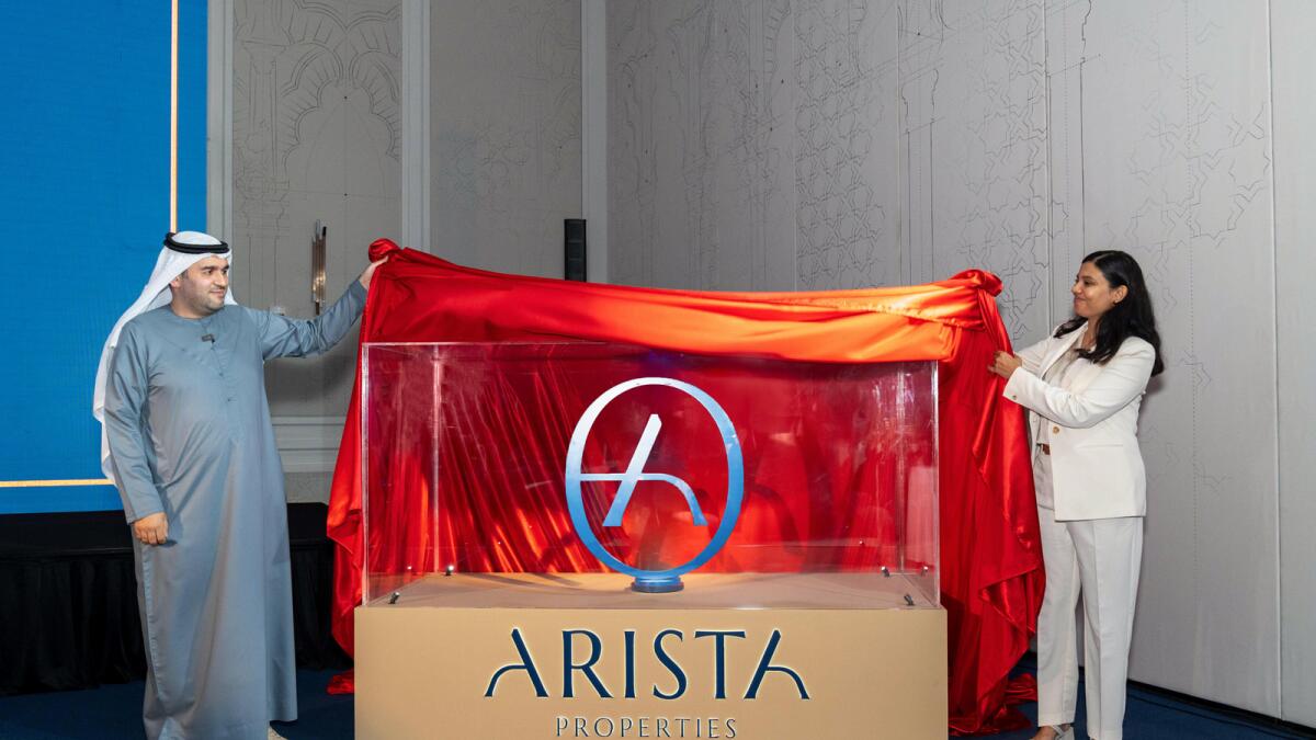 Dr Mahmoud Al Burai, President, FIABCI Emirates and Srishti Gaur - Head of Media Relations, Arista Properties, launch the Arista brand in Dubai. — Supplied photo