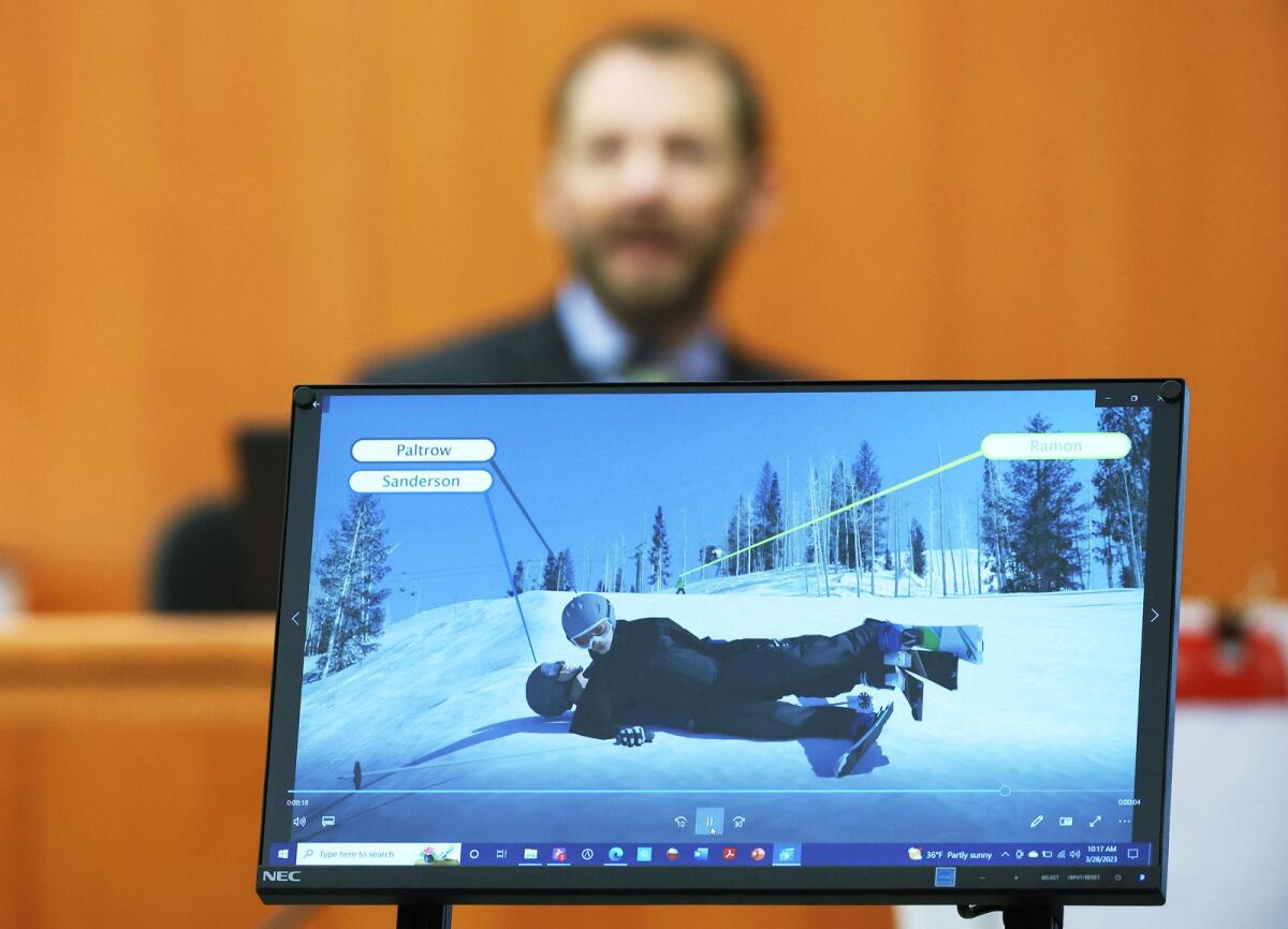 Dr. Irving Scher shows an accident simulation during testimony in Gwyneth Paltrow's trial, on March 28, 2023