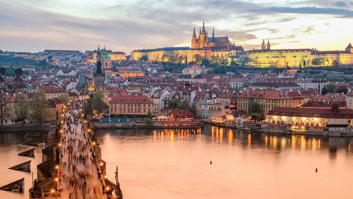 An evening drone view of Prague.