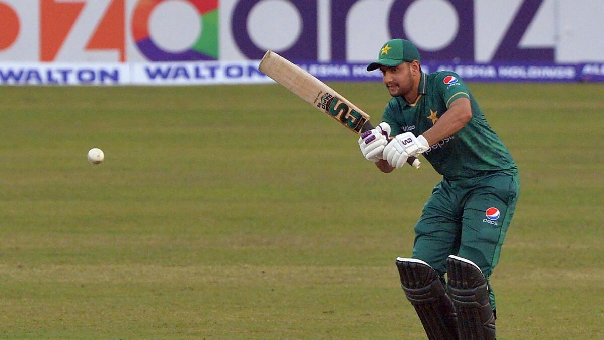 Pakistan's Haider Ali plays a shot against Bangladesh in Dhaka on Monday. — AFP