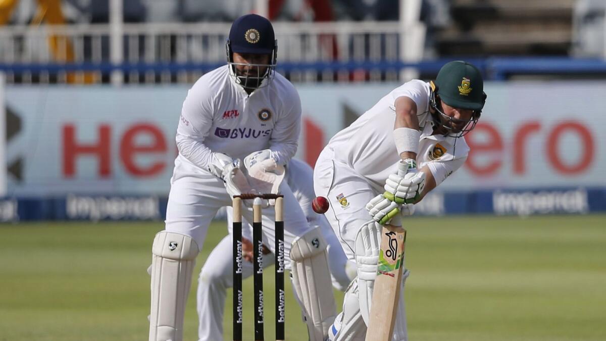 South Africa's Dean Elgar (right) plays a shot as India's wicketkeeper Rishabh Pant looks on during the third day of the second Test at The Wanderers on Wednesday. — AFP