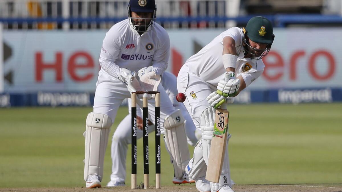 South Africa's Dean Elgar (right) plays a shot as India's wicketkeeper Rishabh Pant looks on during the third day of the second Test at The Wanderers on Wednesday. — AFP