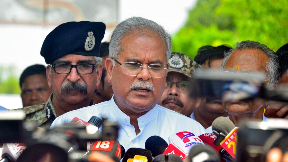 Chhattisgarh Chief Minister Bhupesh Baghel addresses the media after paying his last respects to police personnel who lost their lives in an IED attack by Naxalites  in Dantewada on Thursday. — PTI