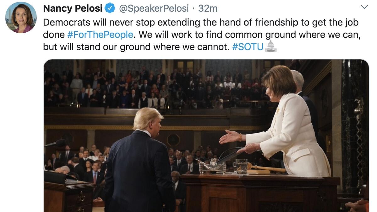 During the impeachment crisis, Trump, 73, has repeatedly assailed the speaker for her impeachment “hoax,” branding her “nervous Nancy” and “crazy Nancy” on Twitter.