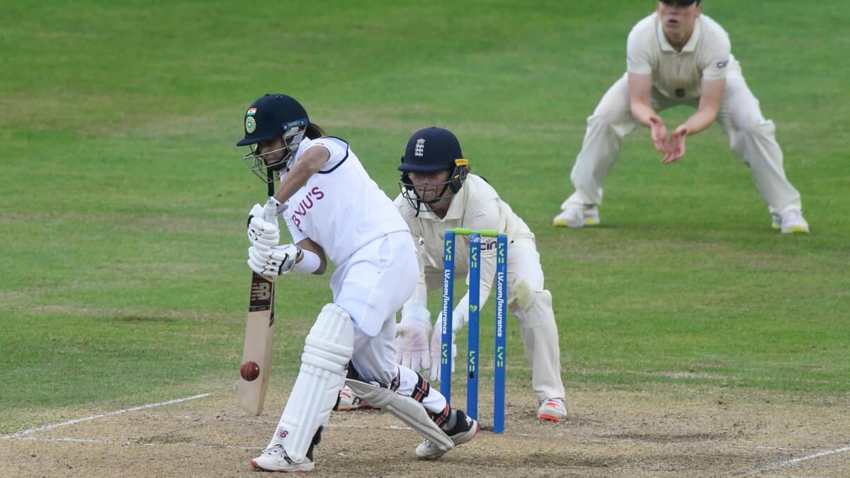 India's Taniya Bhatia plays a shot during the one-off Test against England. — Reuters