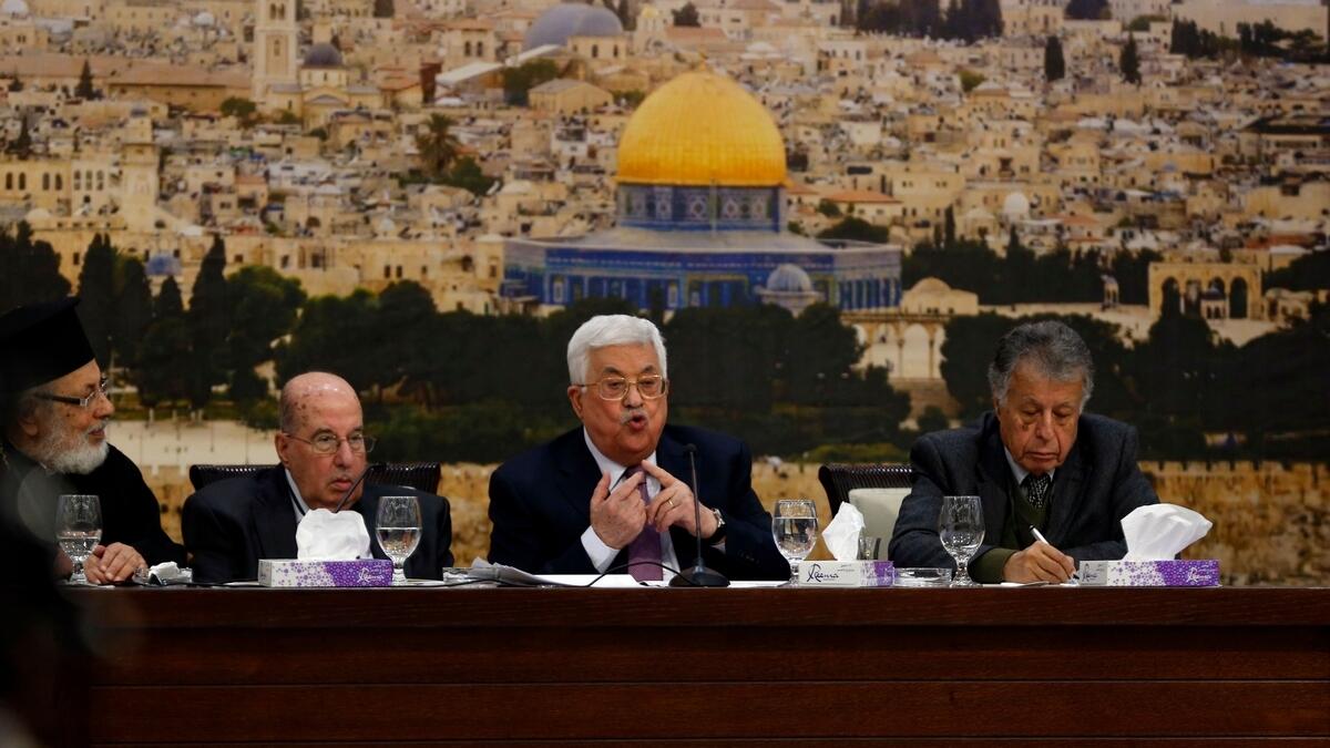 Palestinian president Mahmoud Abbas (C) speaks during a meeting in the West Bank city of Ramallah.- AFP