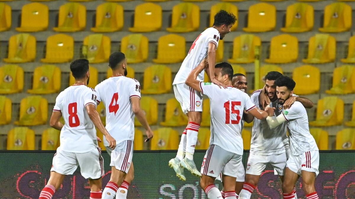 UAE players celebrate their second goal against Vietnam. (Photo by M. Sajjad)