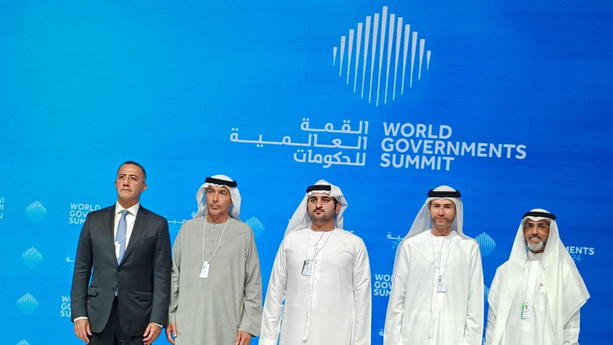 Sheikh Maktoum, Mohamed bin Hadi Al Hussaini, Fahad Al Turki and other officials at the World Governments Summit in Dubai. — Supplied photo