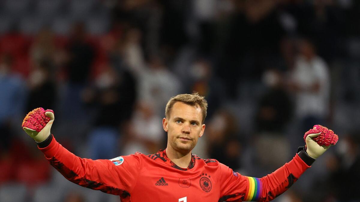 Germany's goalkeeper Manuel Neuer reacts during the Euro 2020 match against Hungary in Munich. (AFP)
