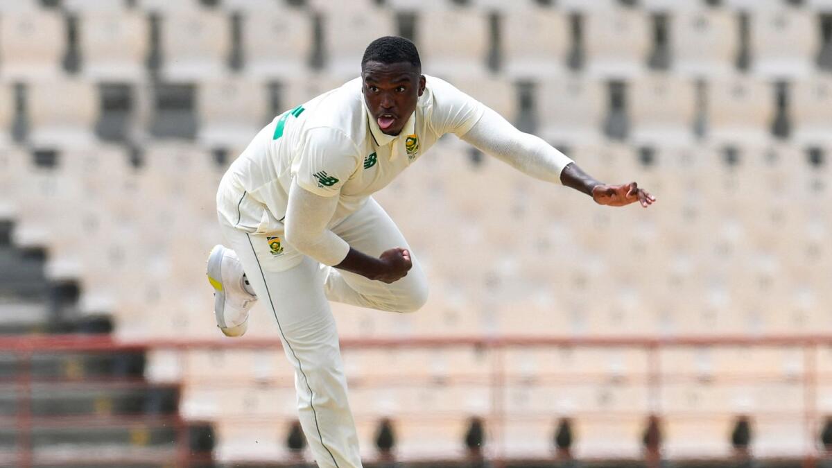 Lungi Ngidi of South Africa bowls during the first day of the first Test against West Indies at the Darren Sammy Cricket Ground. (AFP)