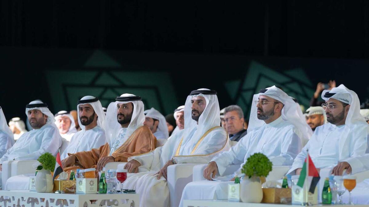 Sheikh Sultan bin Ahmed bin Sultan Al Qasimi, Deputy Governor of Sharjah;  Abdullah bin Touq Al Marri, Minister of Economy;  SCTDA Chairman Khalid Jassim Al Midfa and other guests at the inauguration of the 9th Sharjah International Travel and Tourism Forum on Thursday.  — Photos provided