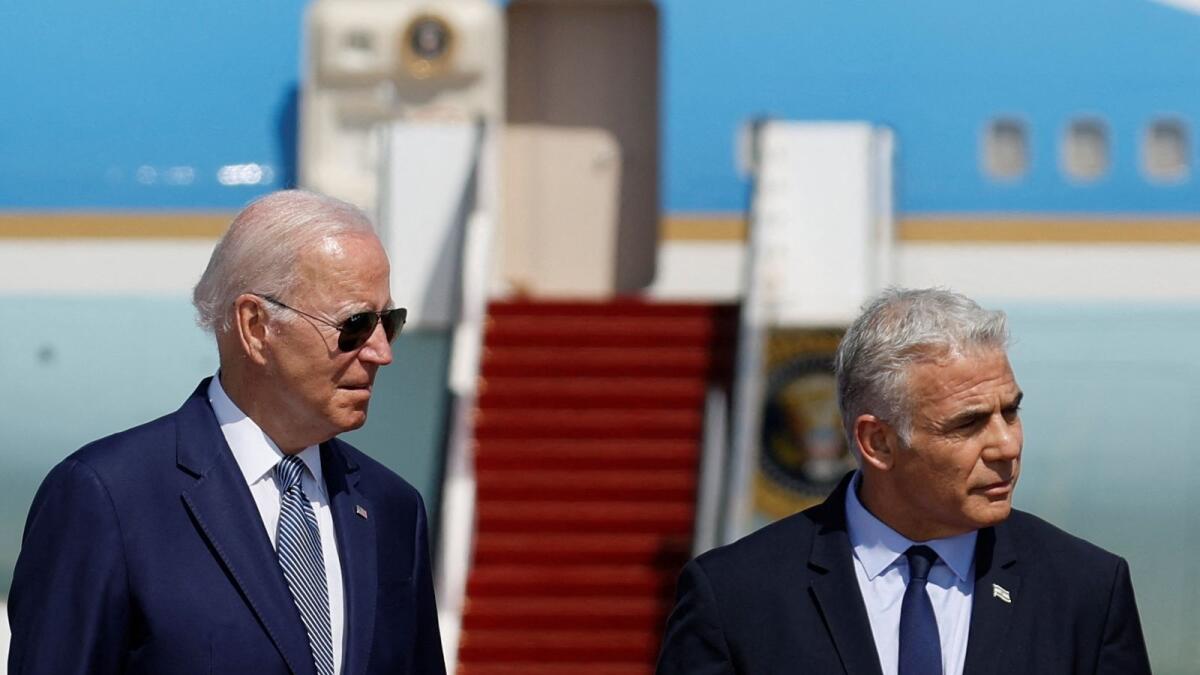 Israeli Prime Minister Yair Lapid welcomes US President Joe Biden. Photo: Reuters